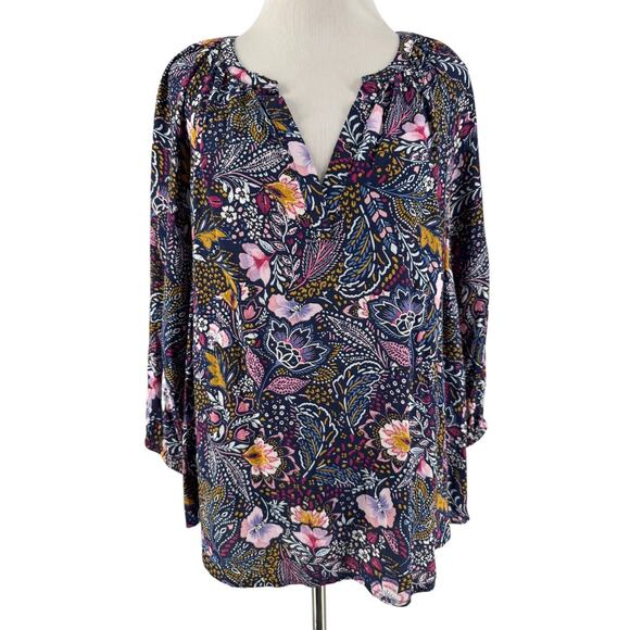 Lovestitch Women's Navy Floral 3/4 Sleeve Split Neck Blouse Size Small - Picture 1 of 5